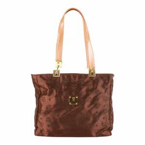 Authentic MCM Logos Pattern Shoulder Tote Bag brown